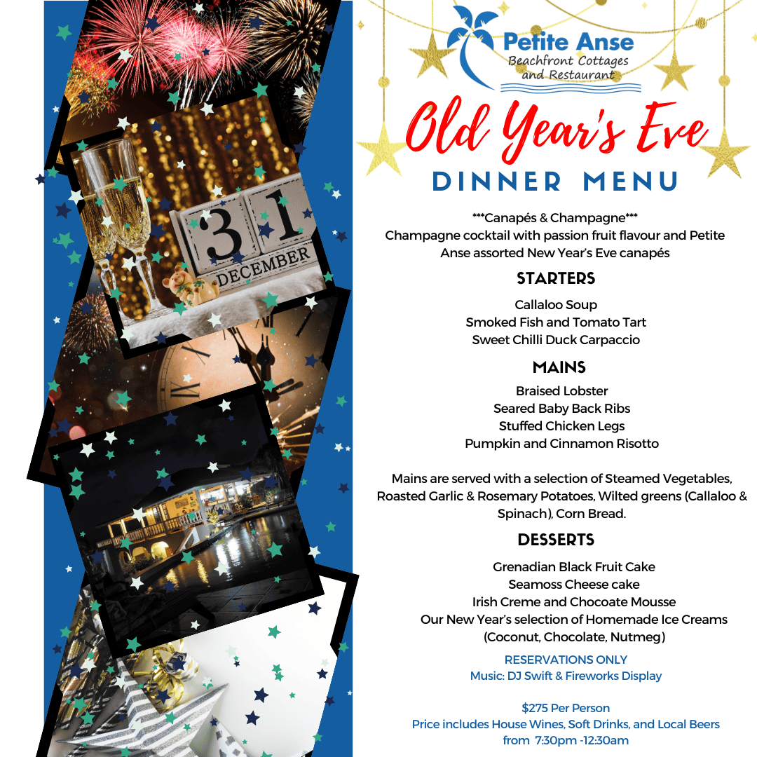 Old Year's Night Grenada 2024 Menu for Petite Anse Hotel in Sauteurs