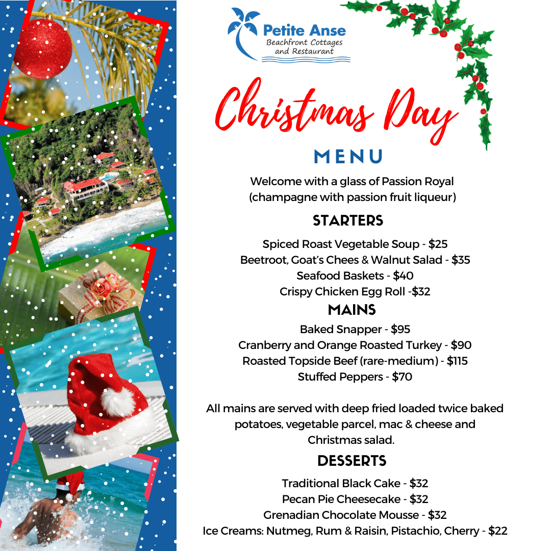 Petite Anse Hotel Christmas Menu 2024 – A detailed list of our festive dishes, blending traditional holiday favourites with Caribbean-inspired flavours, crafted with fresh, local ingredients in Grenada.