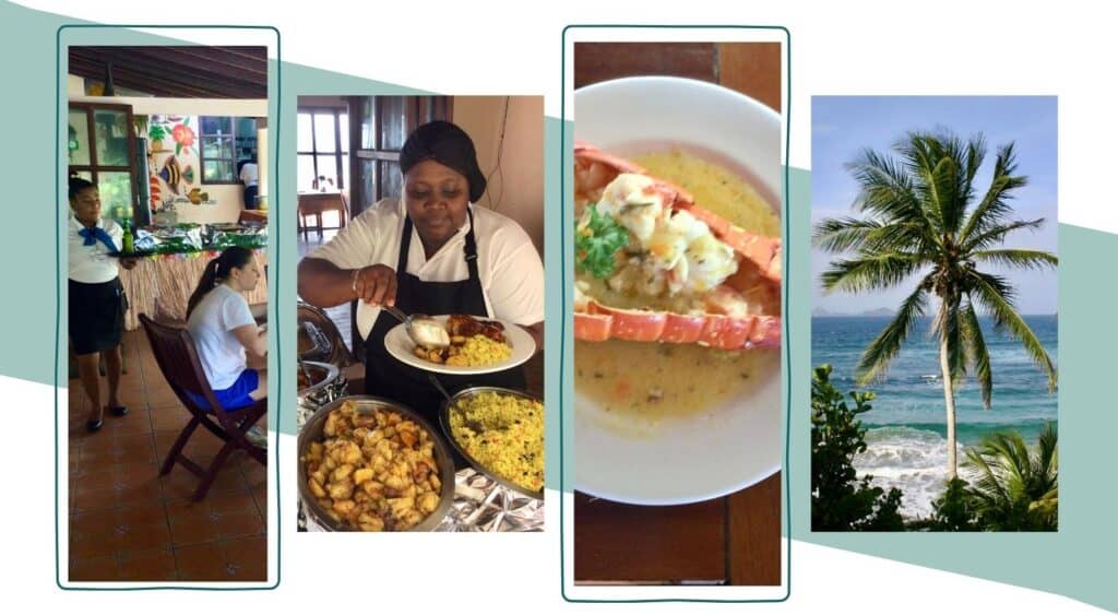 Buffet setup and team serving Sunday BBQ lunch at Petite Anse Hotel Grenada