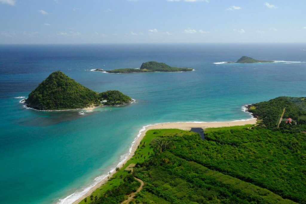 View of Grenada’s north coast from Petite Anse Hotel overlooking the Grenadines