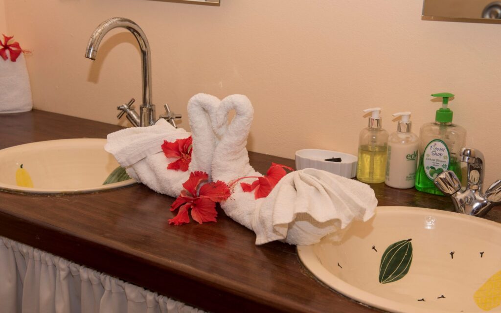 The honeymoon suite bathroom at Petite Anse Hotel, Grenada.