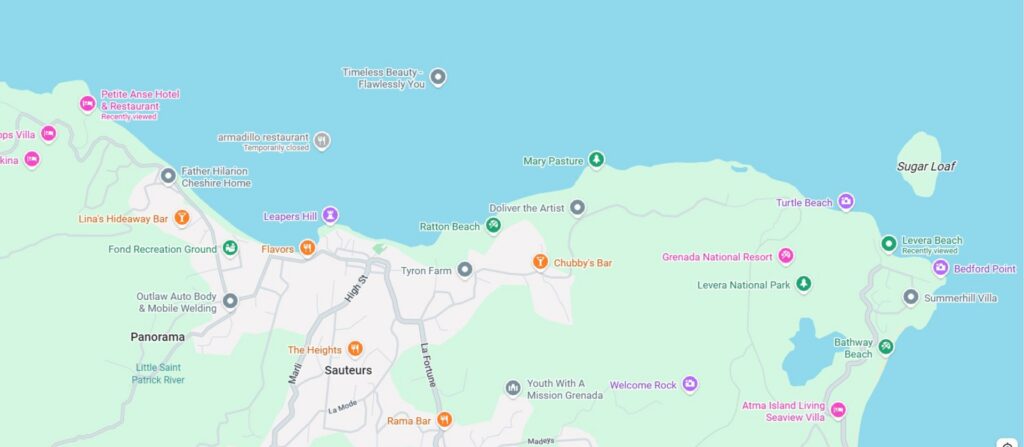 Map showing the location of Levera Beach on Grenada's north coast